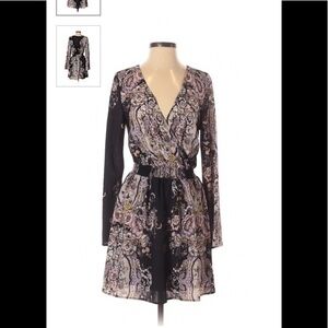 Xhilaration midi long sleeve wrap front paisley cinch waist long sleeve dress